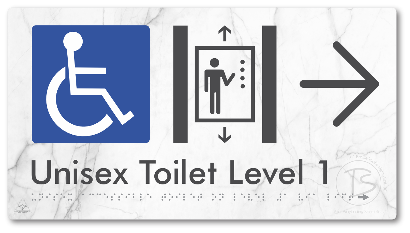 Unisex Accessible Toilet on Level 1 Via Lift with Large Arrow - Braille Tactile Signs Aust.