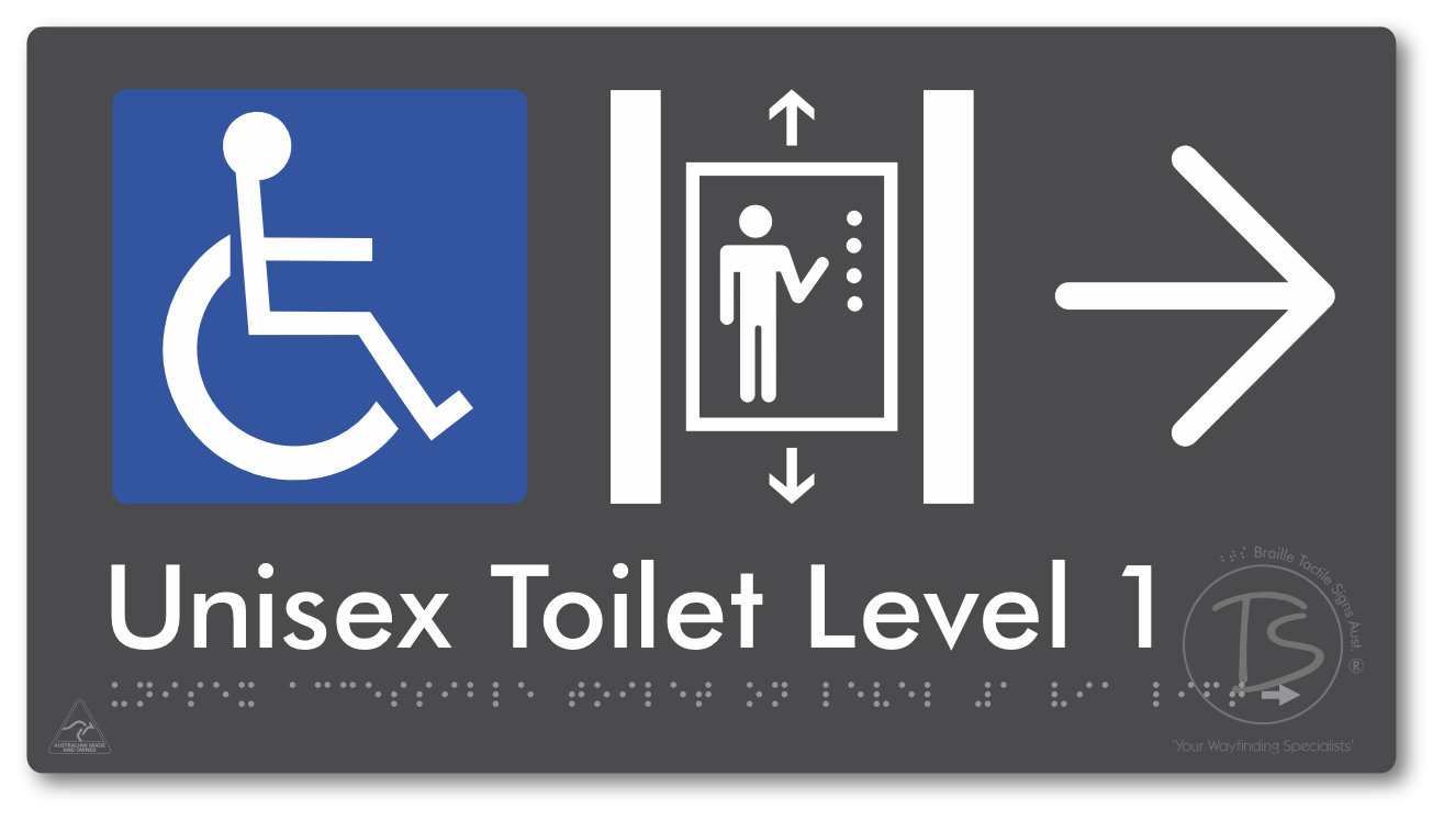 Unisex Accessible Toilet on Level 1 Via Lift with Large Arrow - Braille Tactile Signs Aust.