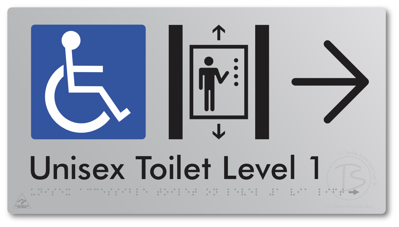 Unisex Accessible Toilet on Level 1 Via Lift with Large Arrow - Braille Tactile Signs Aust.
