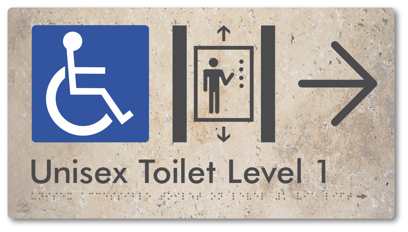 Unisex Accessible Toilet on Level 1 Via Lift with Large Arrow - Braille Tactile Signs Aust.