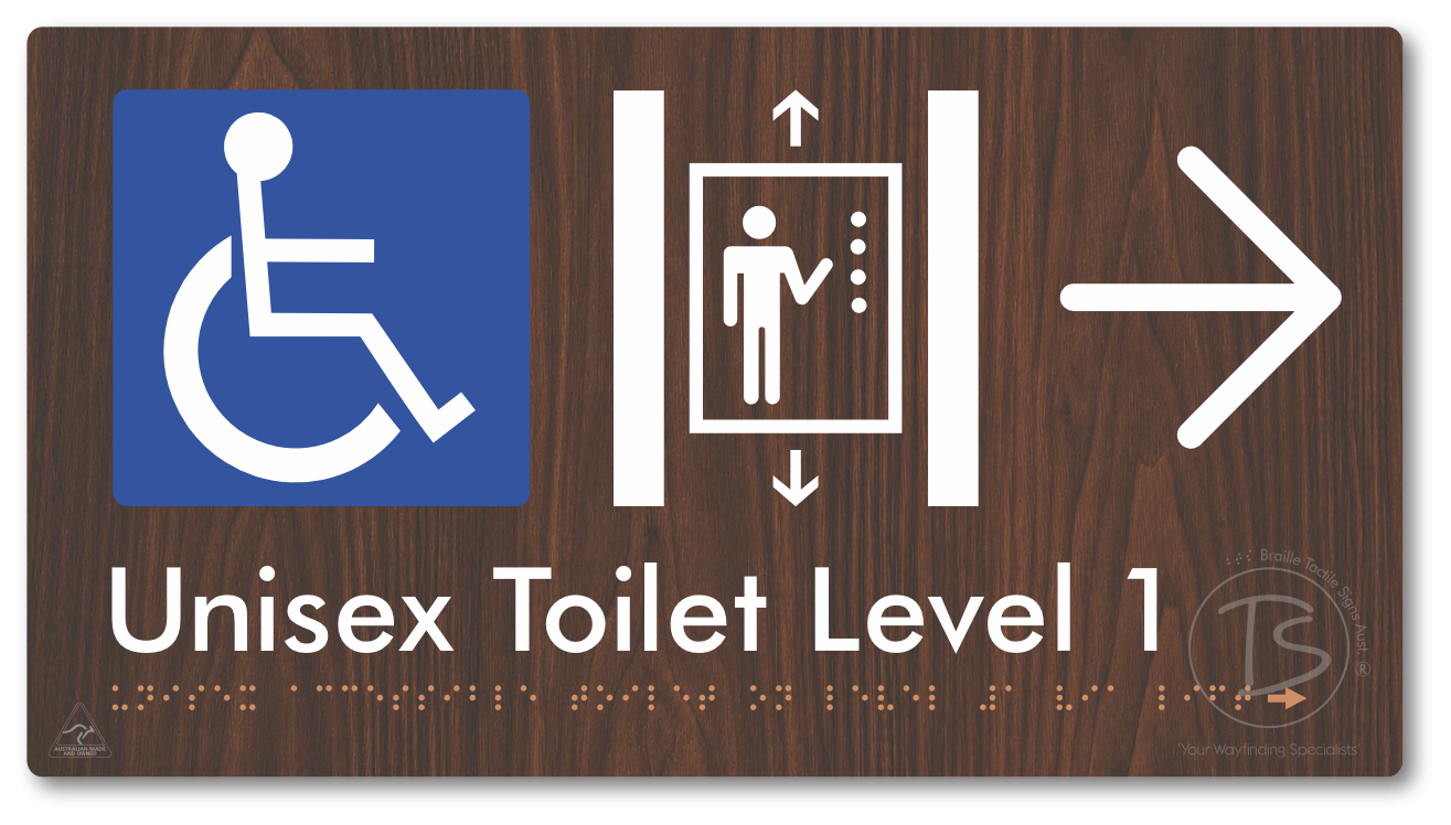 Unisex Accessible Toilet on Level 1 Via Lift with Large Arrow - Braille Tactile Signs Aust.