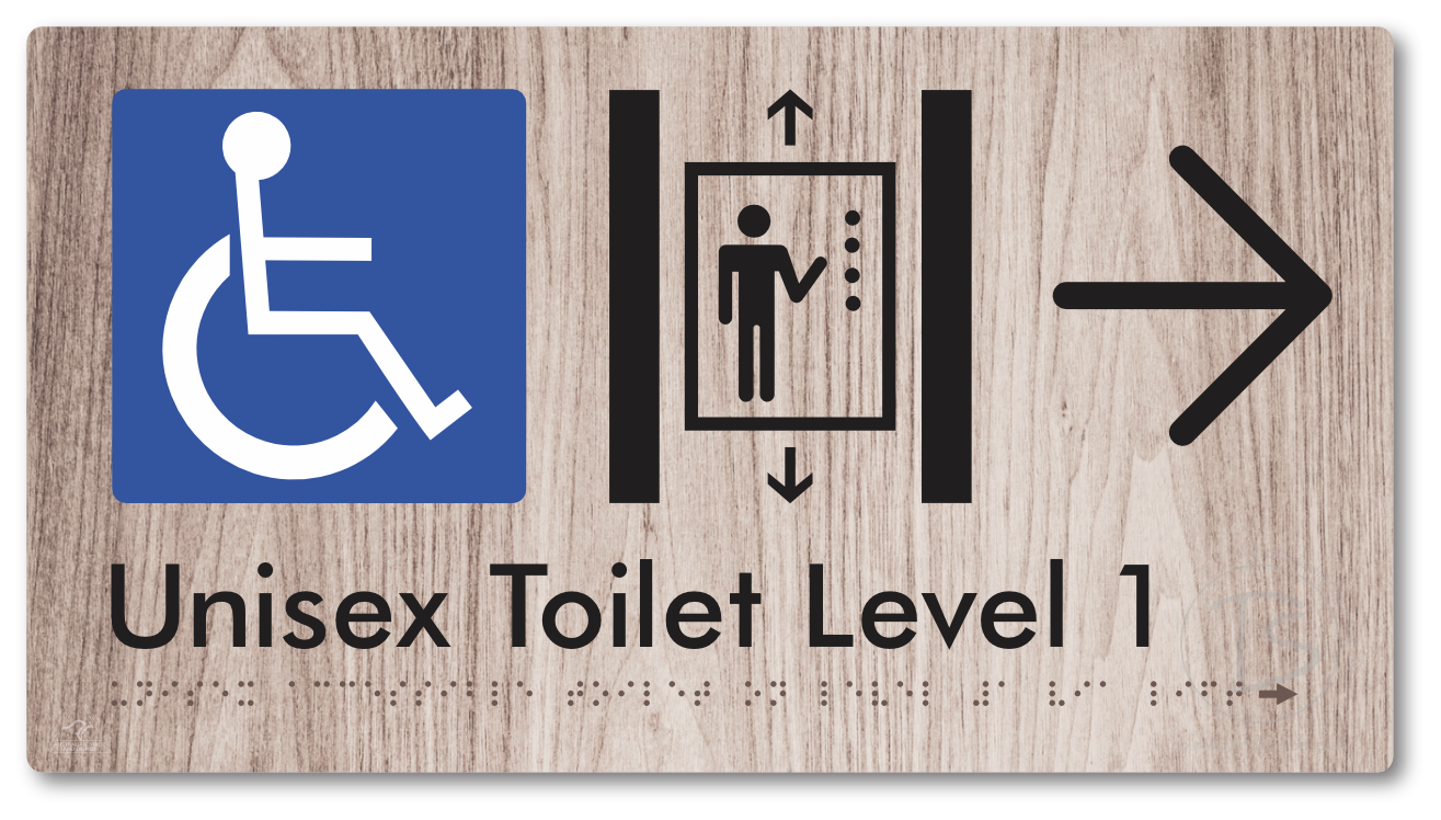 Unisex Accessible Toilet on Level 1 Via Lift with Large Arrow - Braille Tactile Signs Aust.
