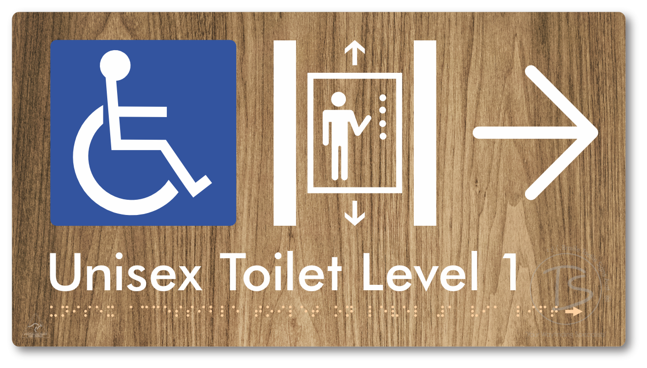 Unisex Accessible Toilet on Level 1 Via Lift with Large Arrow - Braille Tactile Signs Aust.