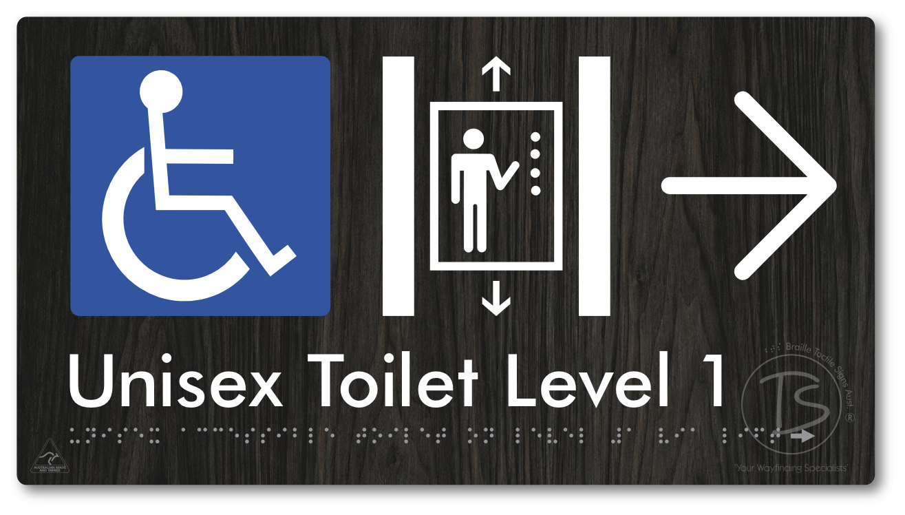 Unisex Accessible Toilet on Level 1 Via Lift with Large Arrow - Braille Tactile Signs Aust.