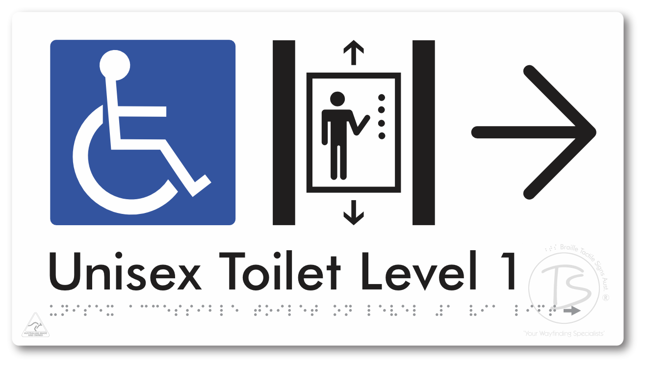 Unisex Accessible Toilet on Level 1 Via Lift with Large Arrow - Braille Tactile Signs Aust.