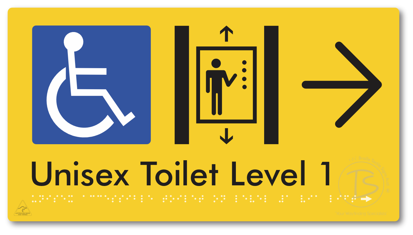 Unisex Accessible Toilet on Level 1 Via Lift with Large Arrow - Braille Tactile Signs Aust.