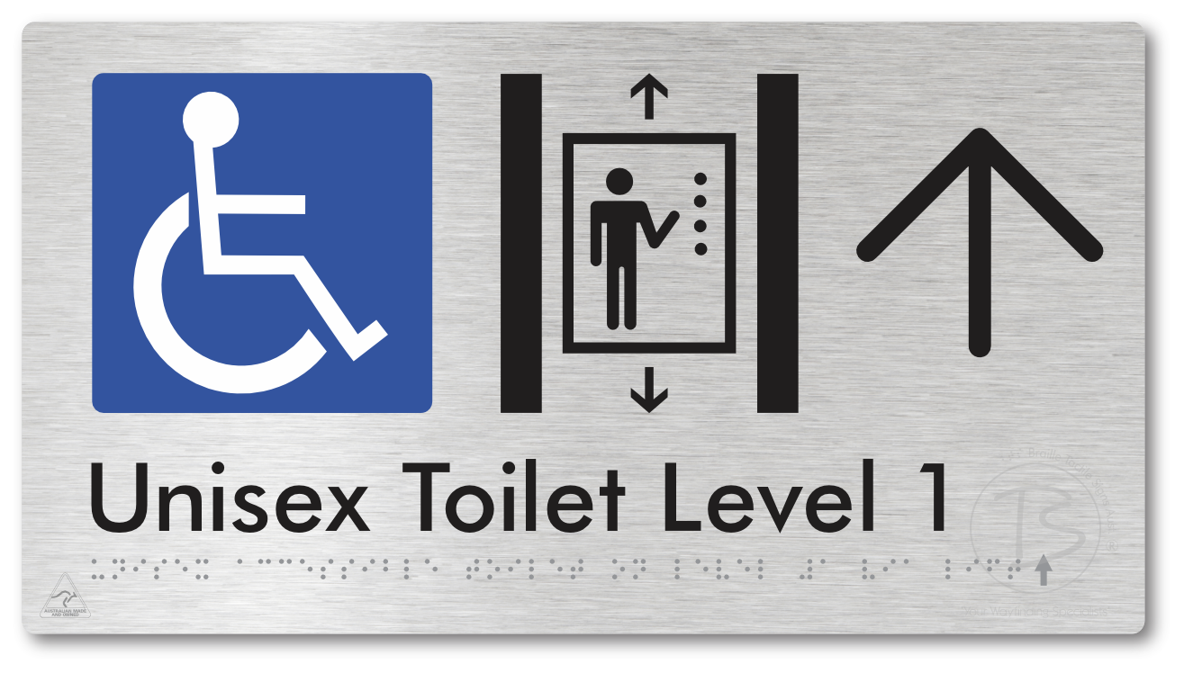 Unisex Accessible Toilet on Level 1 Via Lift with Large Arrow - Braille Tactile Signs Aust.
