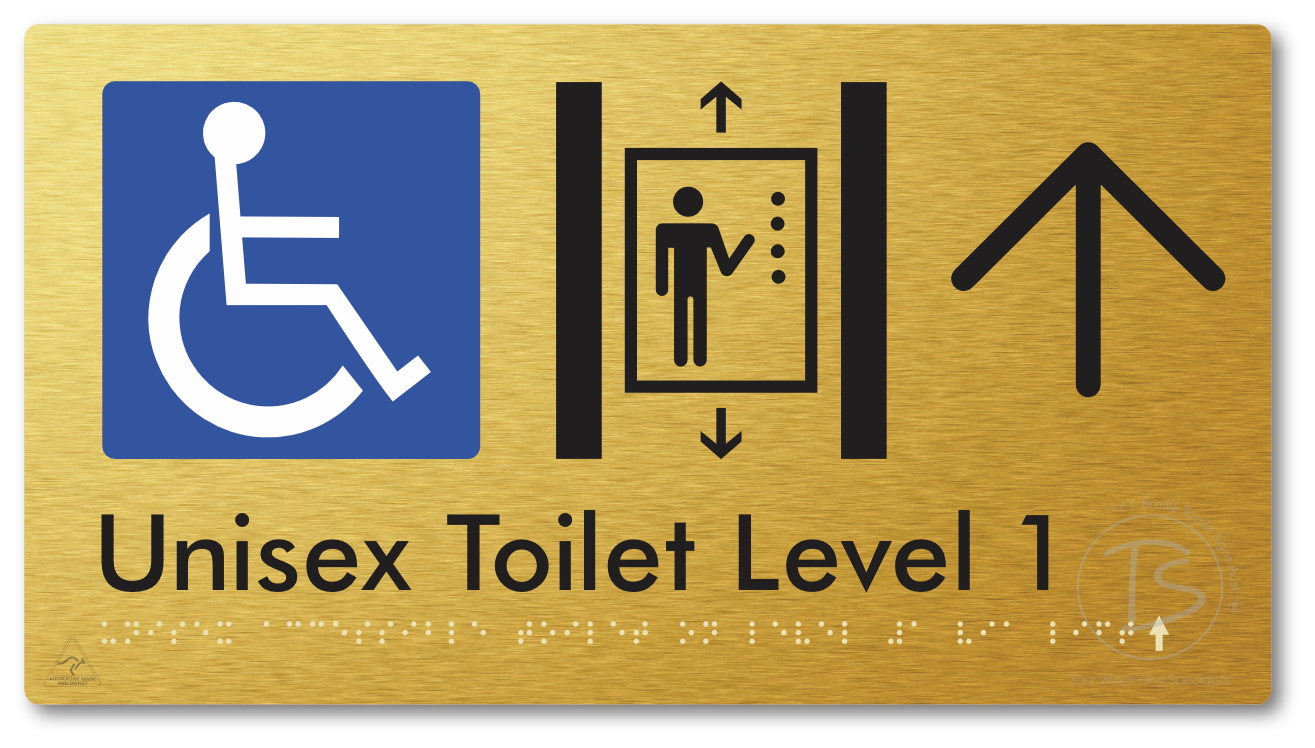 Unisex Accessible Toilet on Level 1 Via Lift with Large Arrow - Braille Tactile Signs Aust.