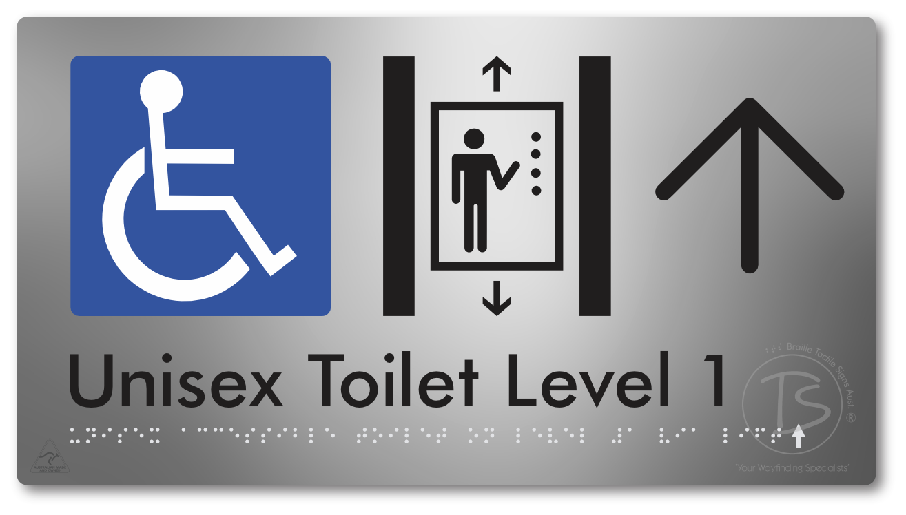Unisex Accessible Toilet on Level 1 Via Lift with Large Arrow - Braille Tactile Signs Aust.