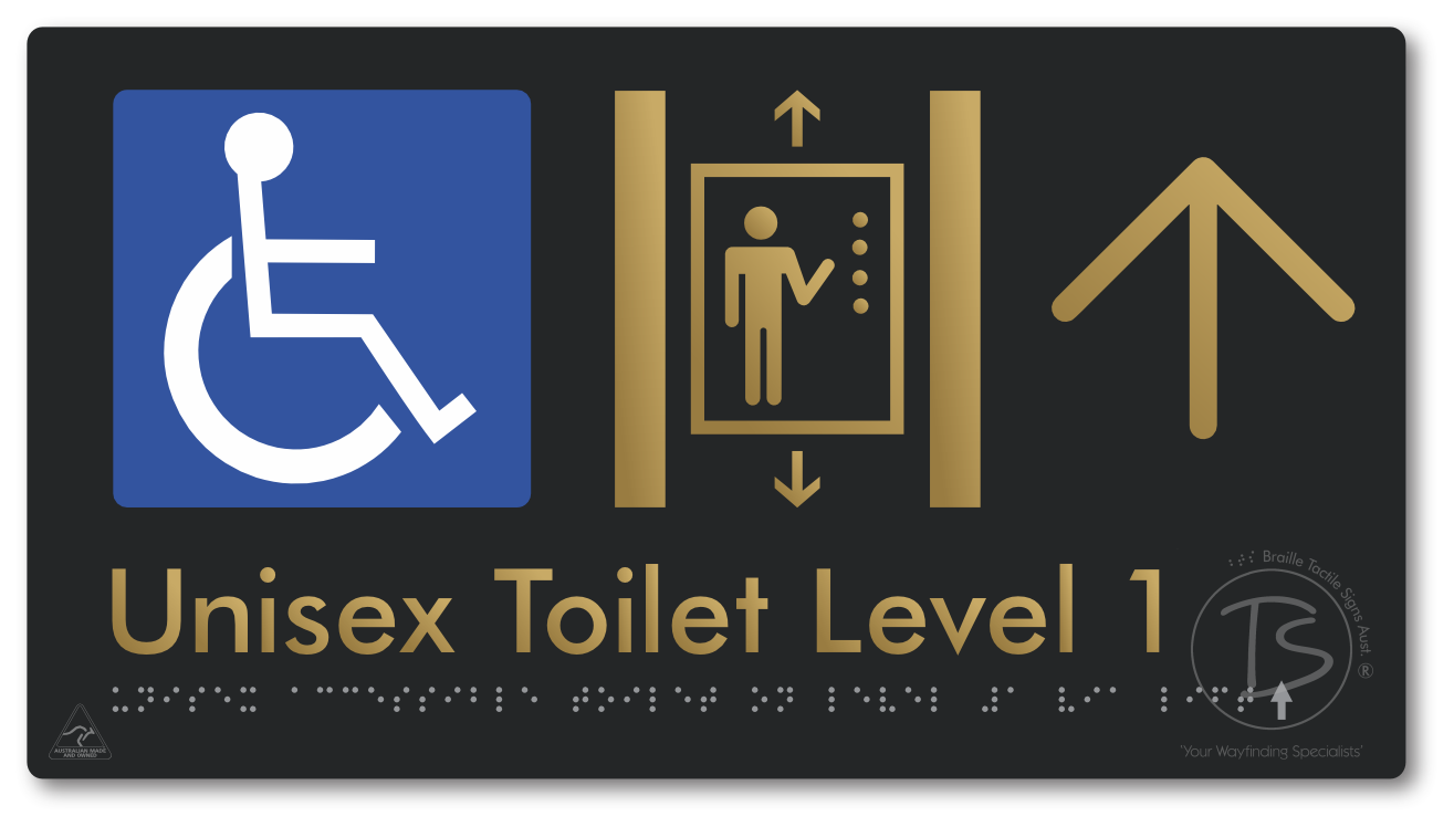 Unisex Accessible Toilet on Level 1 Via Lift with Large Arrow - Braille Tactile Signs Aust.