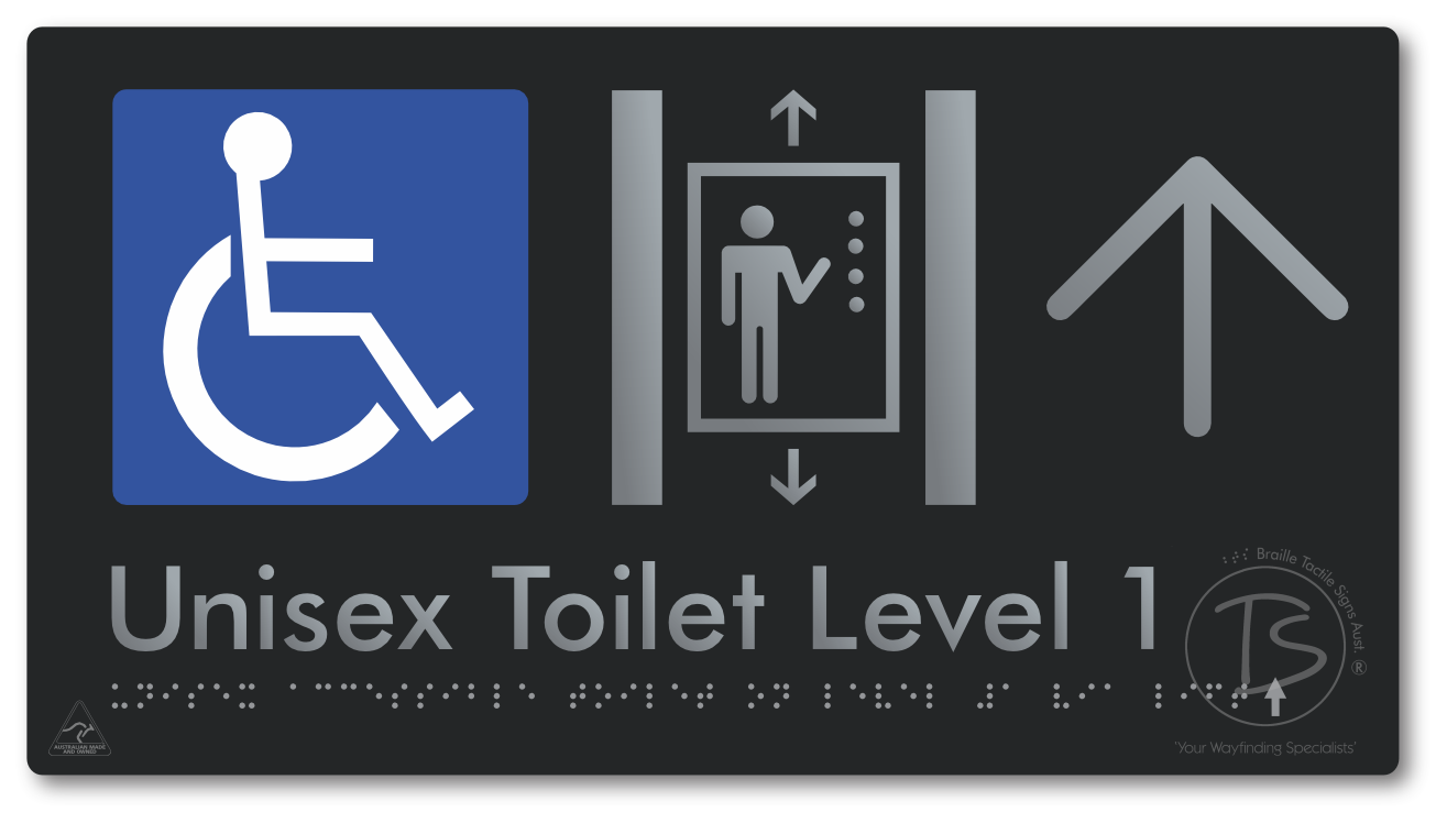 Unisex Accessible Toilet on Level 1 Via Lift with Large Arrow - Braille Tactile Signs Aust.
