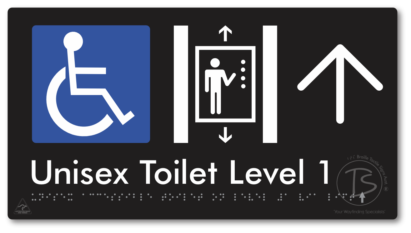 Unisex Accessible Toilet on Level 1 Via Lift with Large Arrow - Braille Tactile Signs Aust.