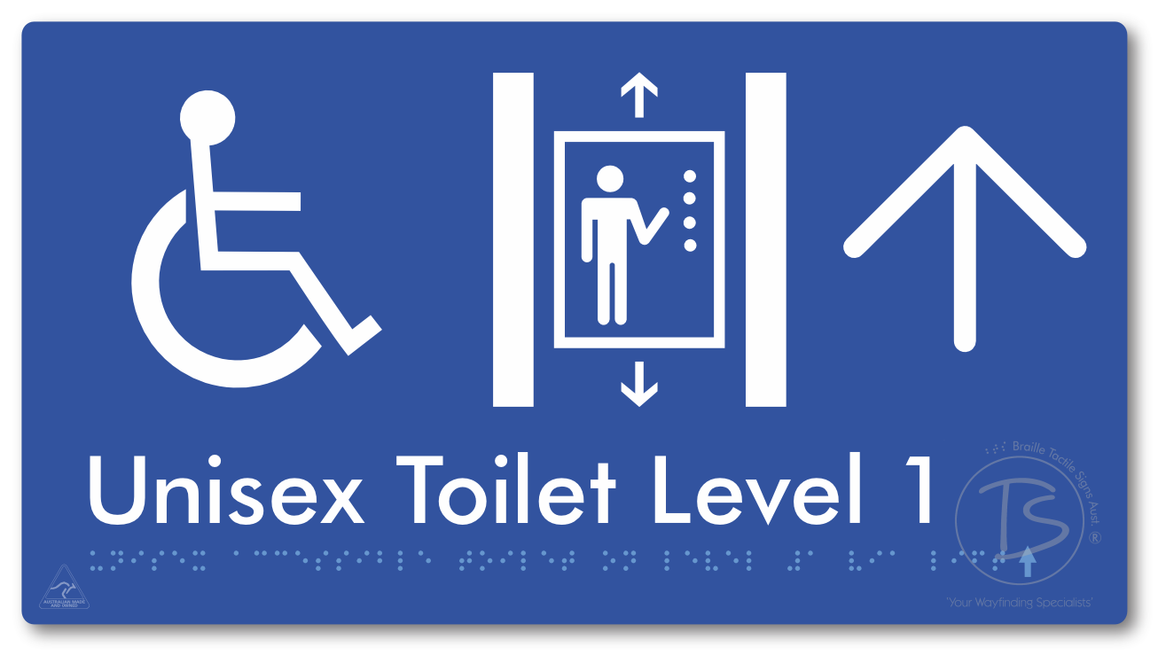 Unisex Accessible Toilet on Level 1 Via Lift with Large Arrow - Braille Tactile Signs Aust.