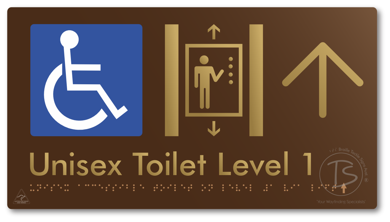 Unisex Accessible Toilet on Level 1 Via Lift with Large Arrow - Braille Tactile Signs Aust.