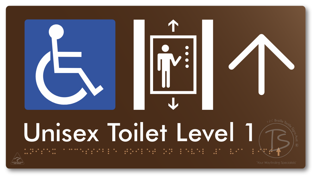 Unisex Accessible Toilet on Level 1 Via Lift with Large Arrow - Braille Tactile Signs Aust.