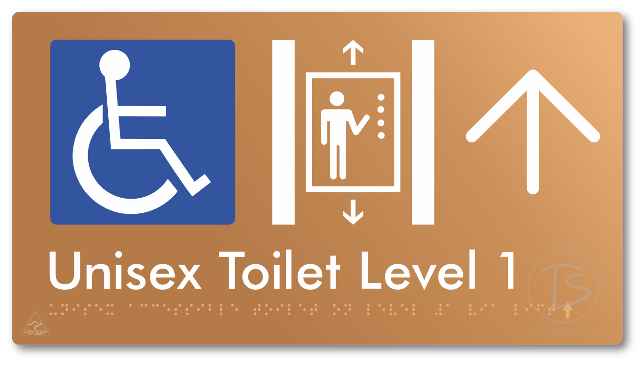 Unisex Accessible Toilet on Level 1 Via Lift with Large Arrow - Braille Tactile Signs Aust.