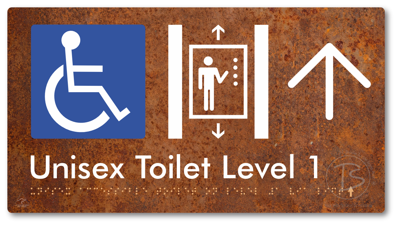 Unisex Accessible Toilet on Level 1 Via Lift with Large Arrow - Braille Tactile Signs Aust.