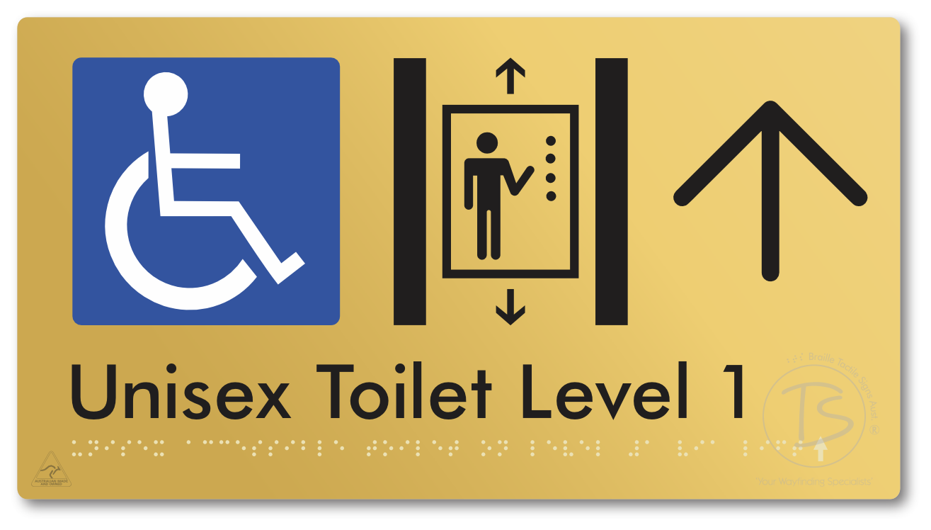 Unisex Accessible Toilet on Level 1 Via Lift with Large Arrow - Braille Tactile Signs Aust.
