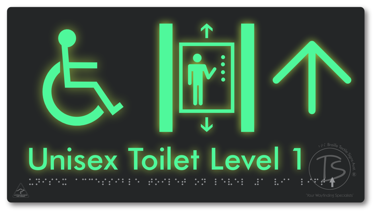Unisex Accessible Toilet on Level 1 Via Lift with Large Arrow - Braille Tactile Signs Aust.