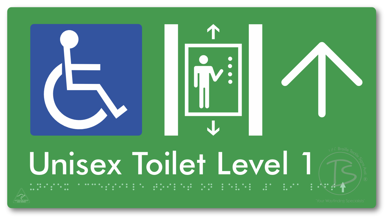 Unisex Accessible Toilet on Level 1 Via Lift with Large Arrow - Braille Tactile Signs Aust.