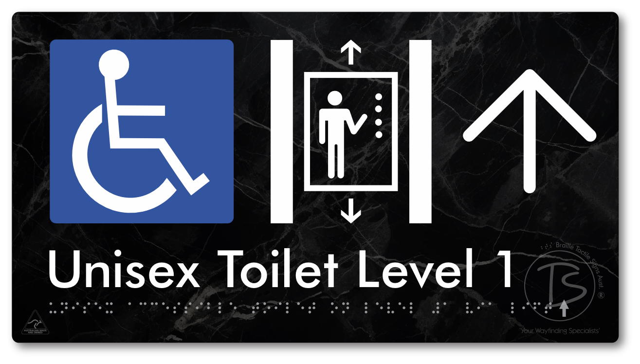Unisex Accessible Toilet on Level 1 Via Lift with Large Arrow - Braille Tactile Signs Aust.