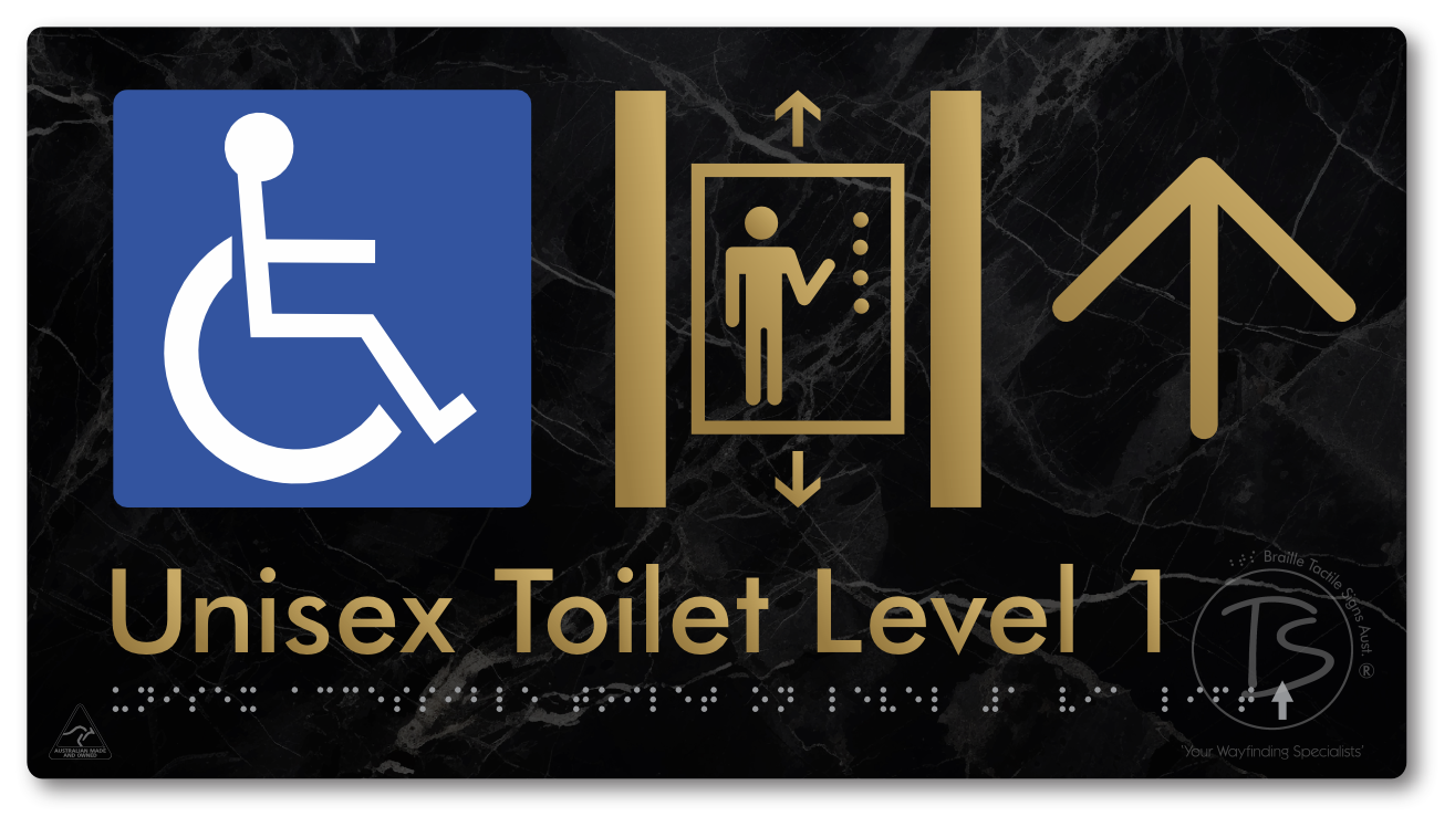 Unisex Accessible Toilet on Level 1 Via Lift with Large Arrow - Braille Tactile Signs Aust.