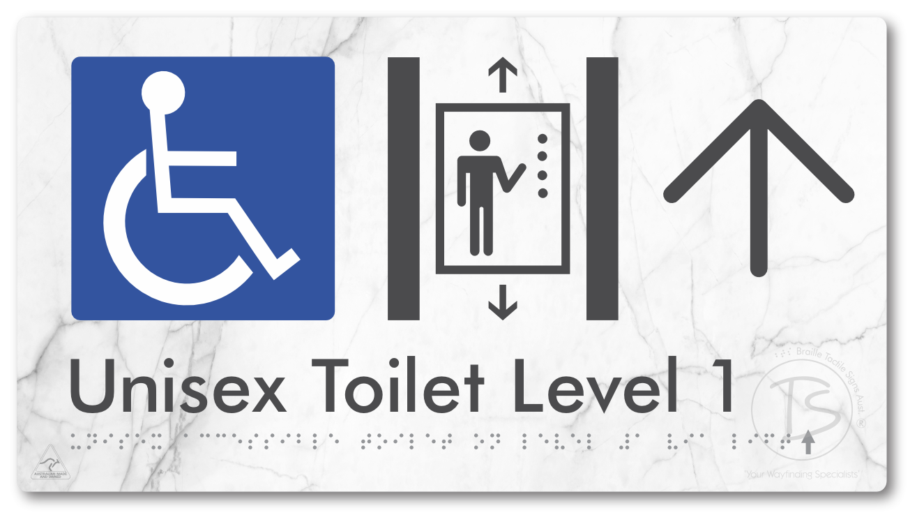 Unisex Accessible Toilet on Level 1 Via Lift with Large Arrow - Braille Tactile Signs Aust.