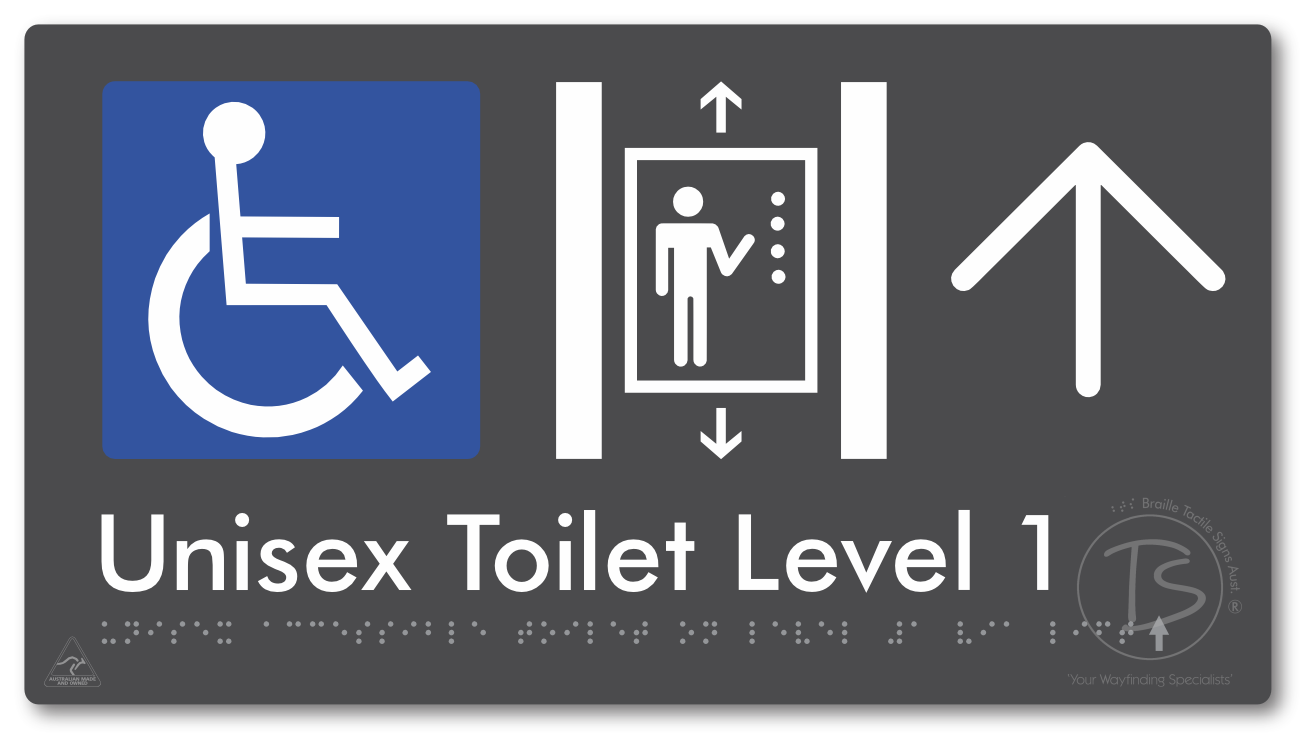 Unisex Accessible Toilet on Level 1 Via Lift with Large Arrow - Braille Tactile Signs Aust.