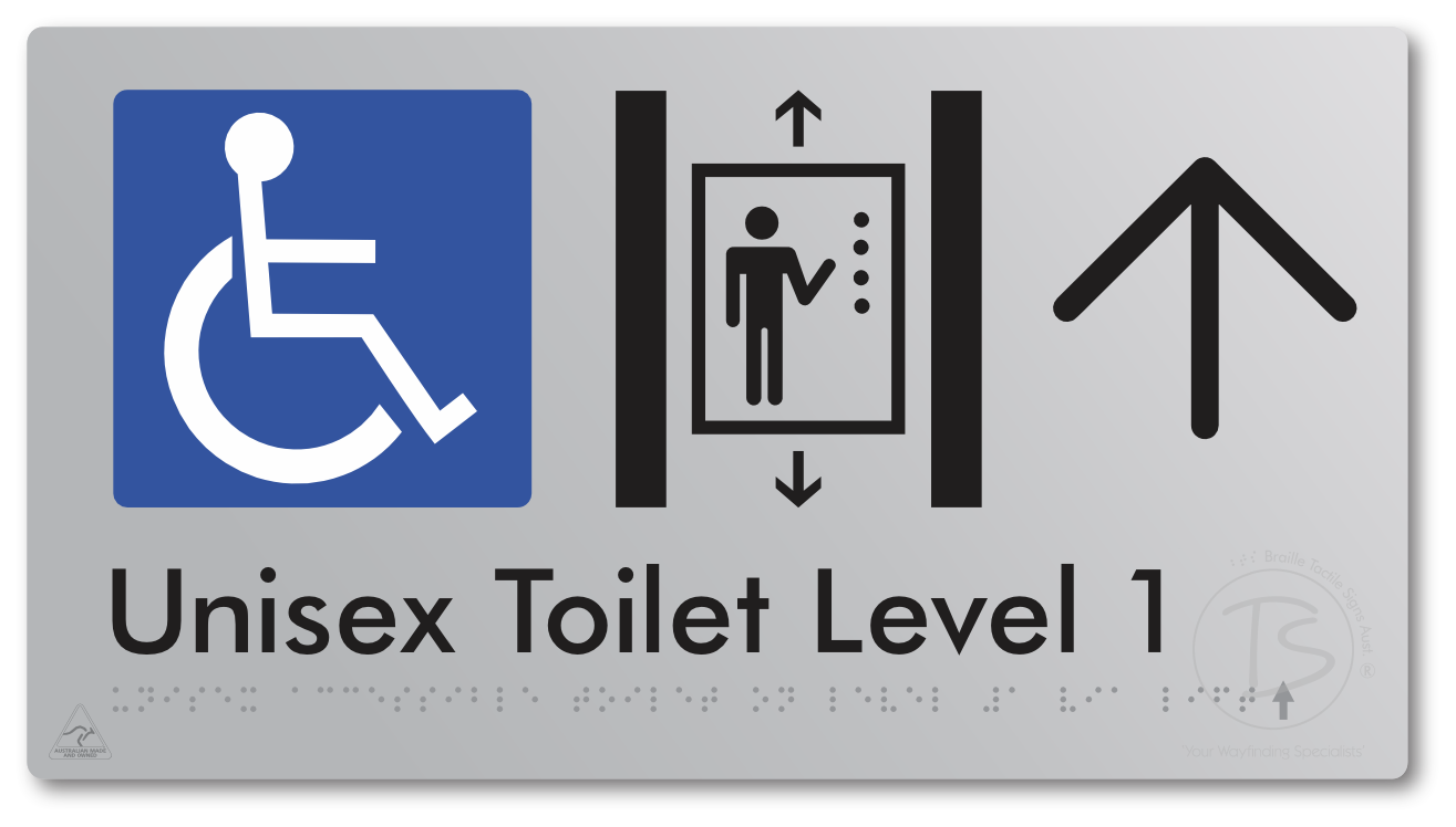 Unisex Accessible Toilet on Level 1 Via Lift with Large Arrow - Braille Tactile Signs Aust.