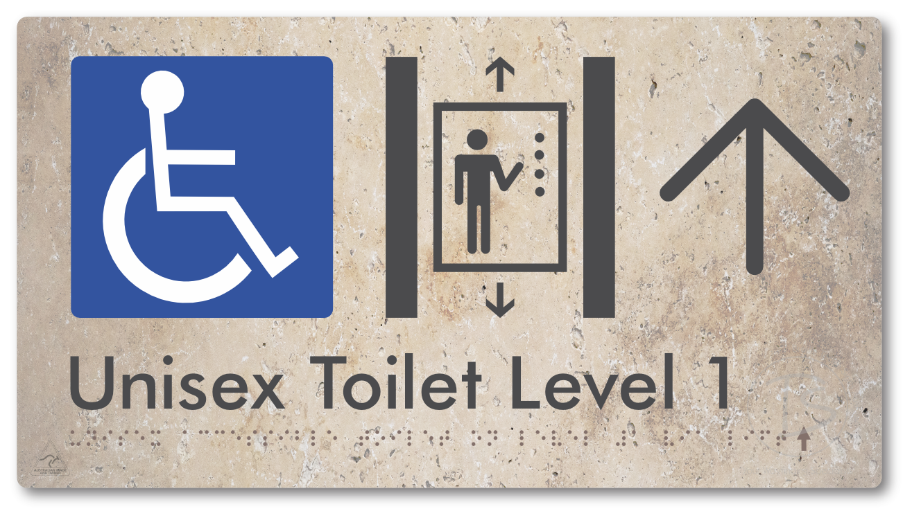 Unisex Accessible Toilet on Level 1 Via Lift with Large Arrow - Braille Tactile Signs Aust.