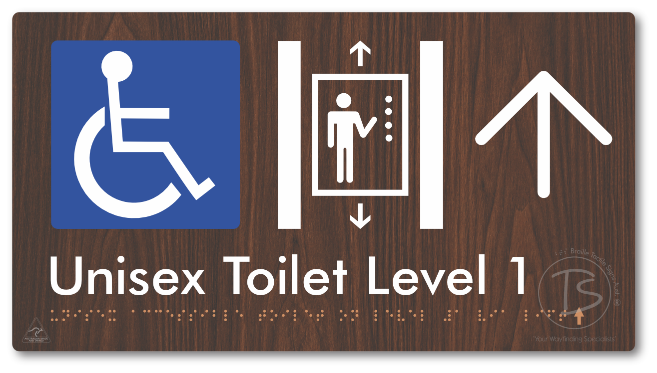 Unisex Accessible Toilet on Level 1 Via Lift with Large Arrow - Braille Tactile Signs Aust.