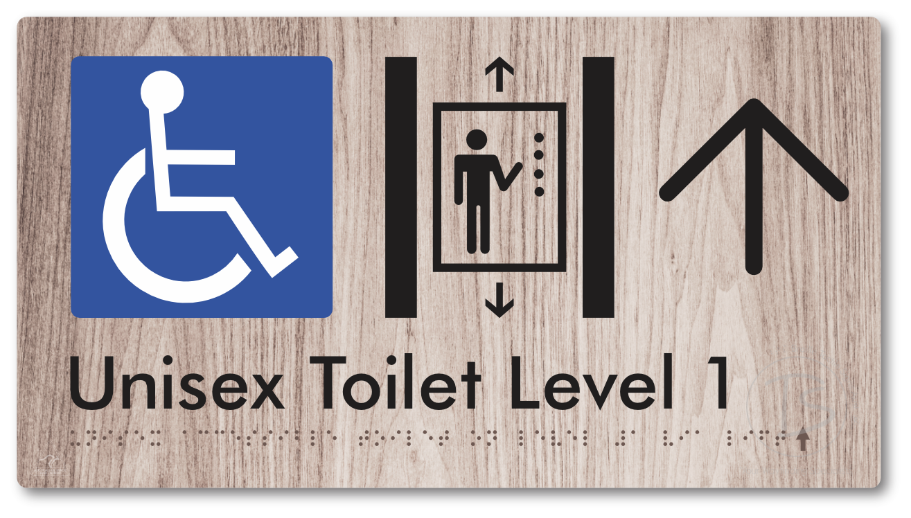 Unisex Accessible Toilet on Level 1 Via Lift with Large Arrow - Braille Tactile Signs Aust.