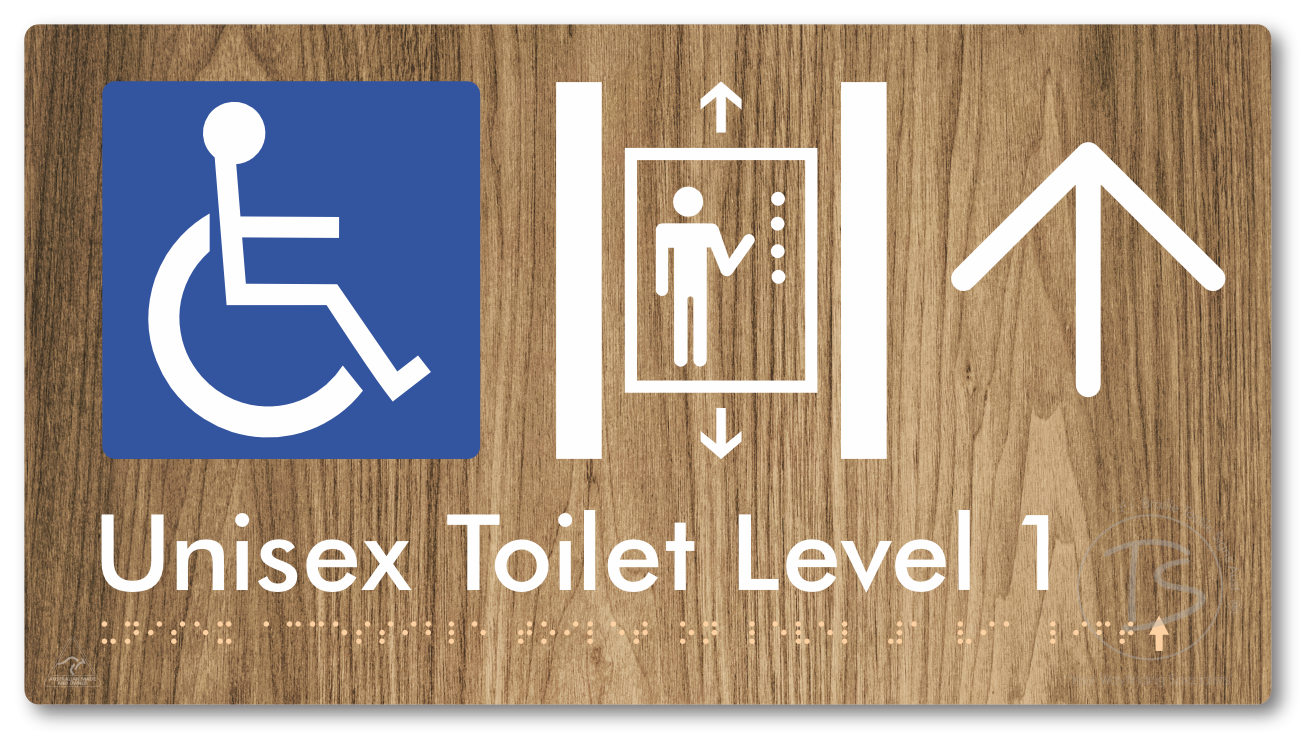 Unisex Accessible Toilet on Level 1 Via Lift with Large Arrow - Braille Tactile Signs Aust.