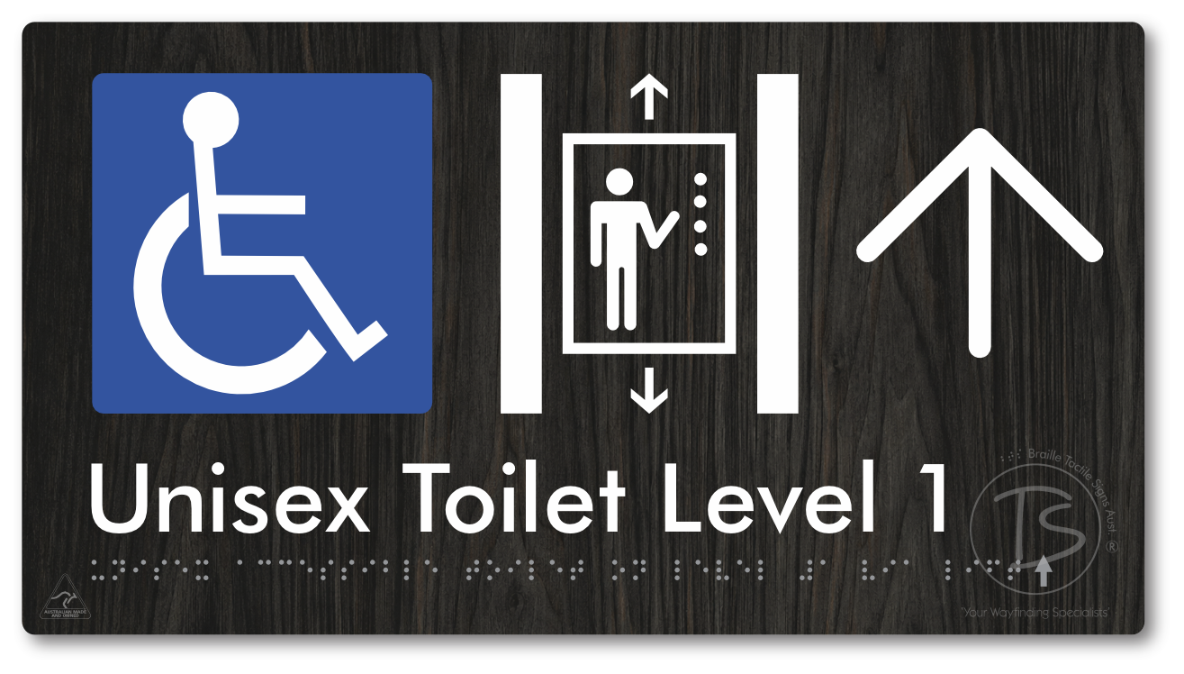 Unisex Accessible Toilet on Level 1 Via Lift with Large Arrow - Braille Tactile Signs Aust.