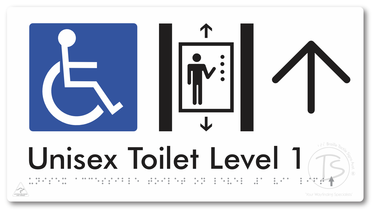 Unisex Accessible Toilet on Level 1 Via Lift with Large Arrow - Braille Tactile Signs Aust.