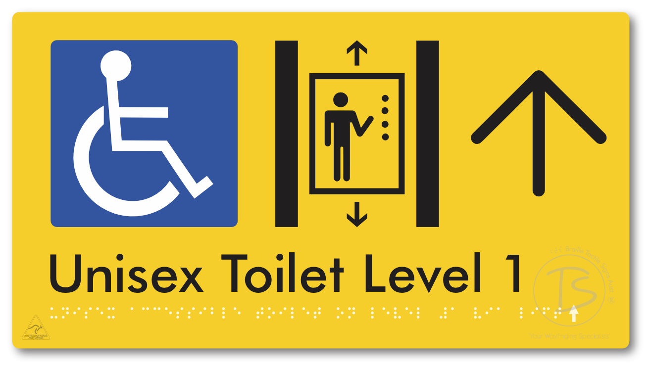 Unisex Accessible Toilet on Level 1 Via Lift with Large Arrow - Braille Tactile Signs Aust.