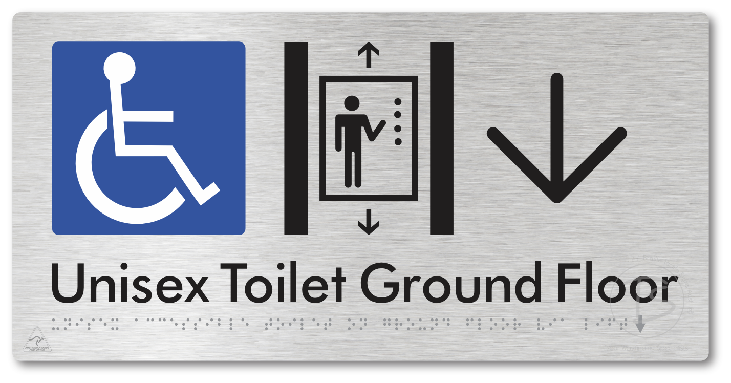 Unisex Accessible Toilet on Ground Floor Via Lift with Large Directional Arrow