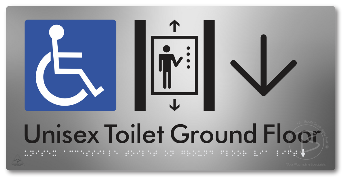 Unisex Accessible Toilet on Ground Floor Via Lift with Large Directional Arrow