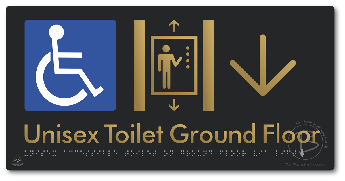 Unisex Accessible Toilet on Ground Floor Via Lift with Large Directional Arrow