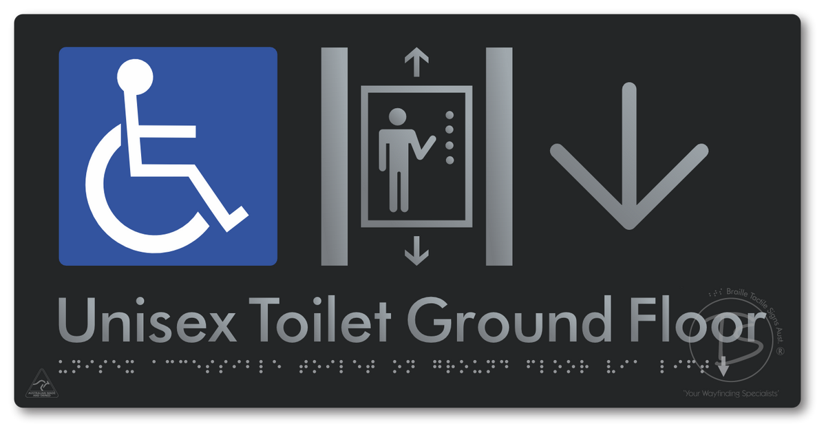 Unisex Accessible Toilet on Ground Floor Via Lift with Large Directional Arrow