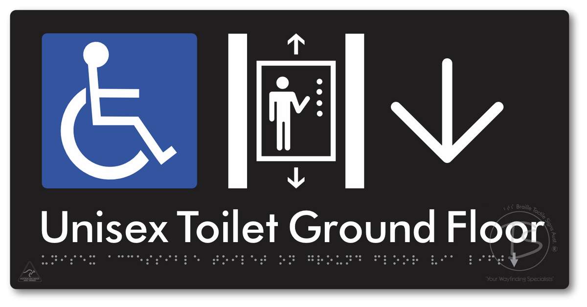Unisex Accessible Toilet on Ground Floor Via Lift with Large Directional Arrow