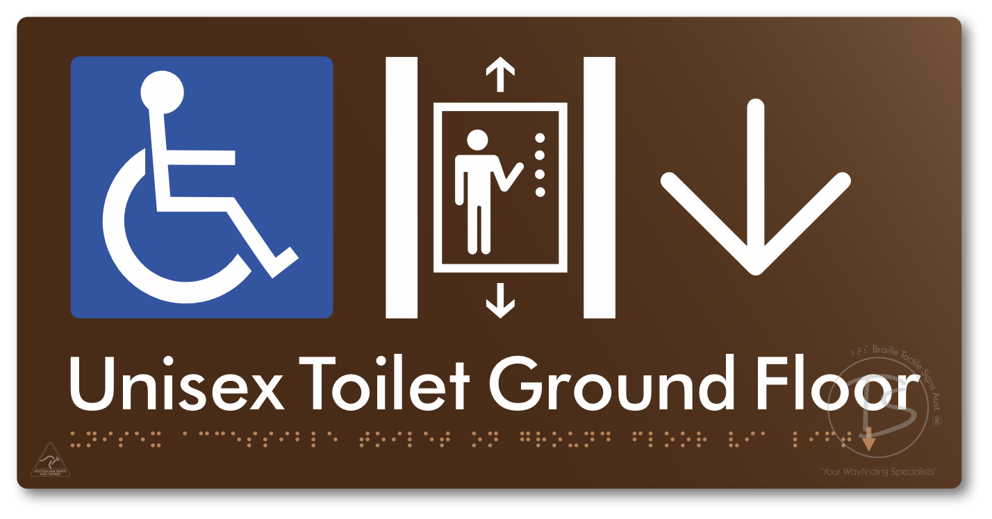 Unisex Accessible Toilet on Ground Floor Via Lift with Large Directional Arrow