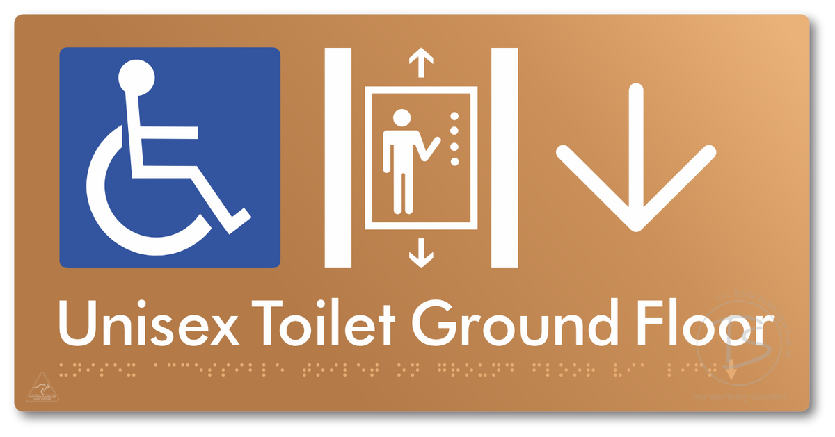 Unisex Accessible Toilet on Ground Floor Via Lift with Large Directional Arrow