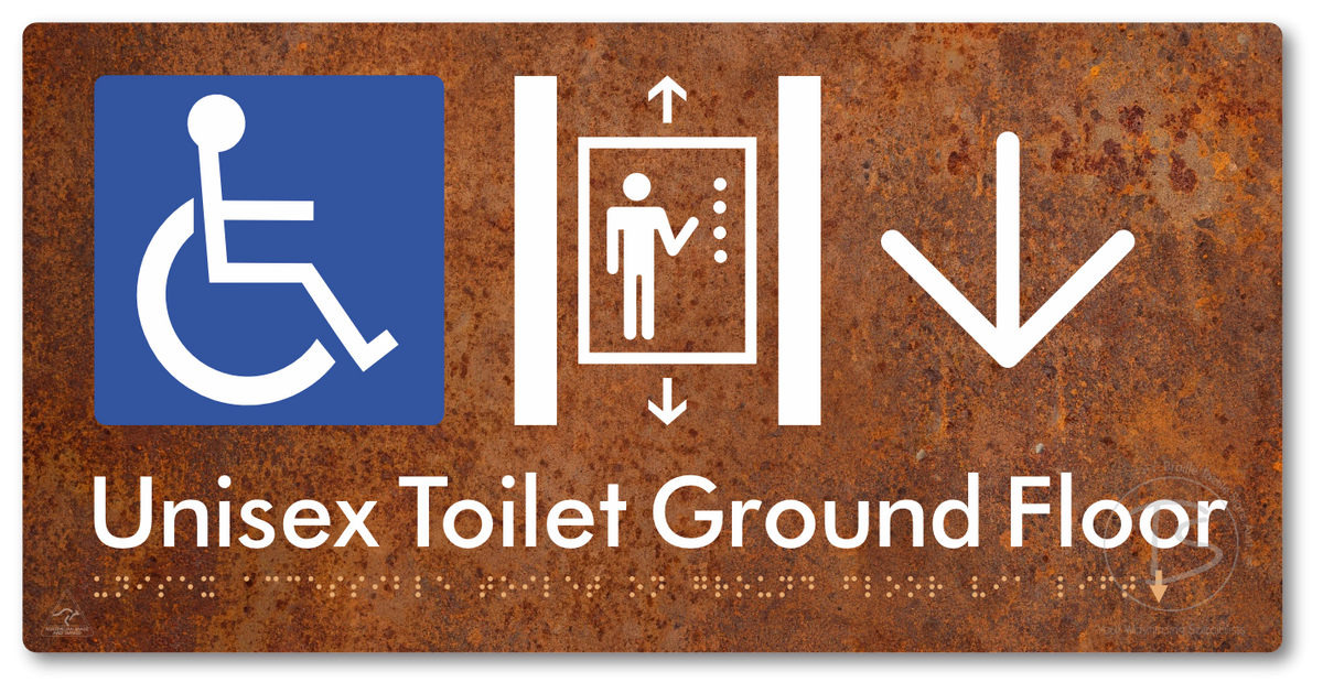 Unisex Accessible Toilet on Ground Floor Via Lift with Large Directional Arrow