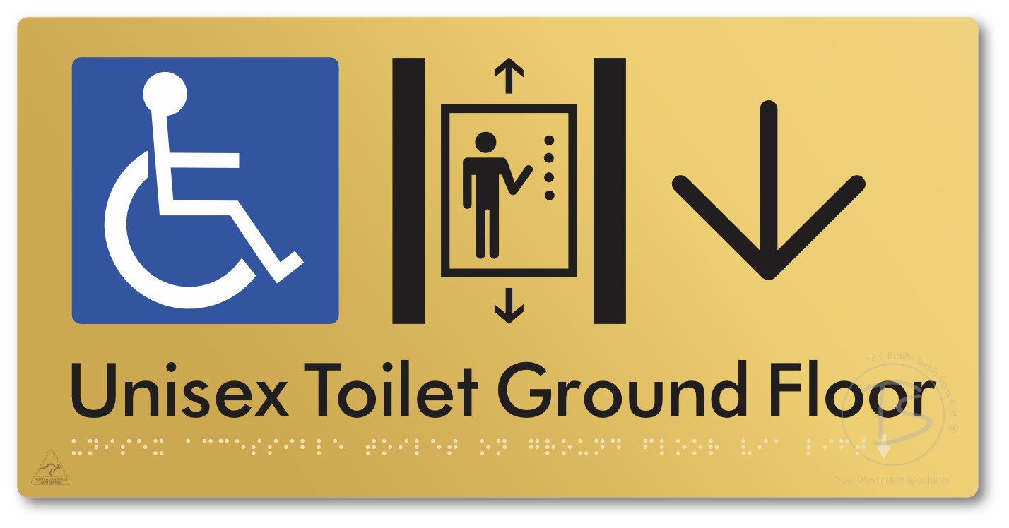 Unisex Accessible Toilet on Ground Floor Via Lift with Large Directional Arrow