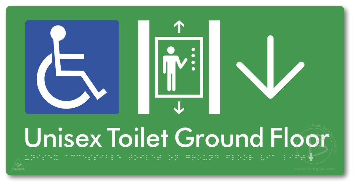 Unisex Accessible Toilet on Ground Floor Via Lift with Large Directional Arrow