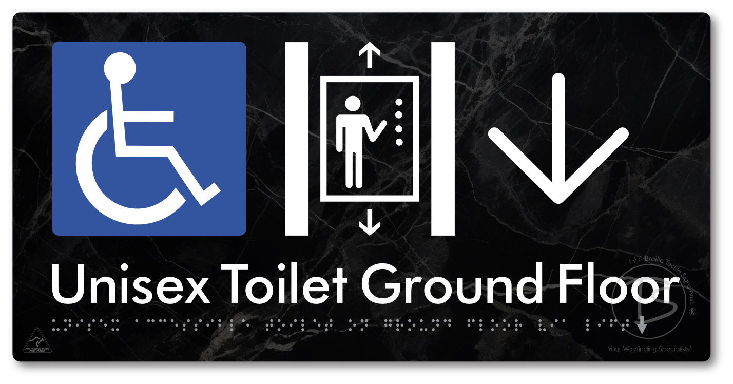 Unisex Accessible Toilet on Ground Floor Via Lift with Large Directional Arrow