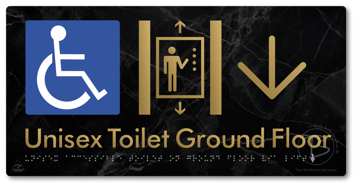 Unisex Accessible Toilet on Ground Floor Via Lift with Large Directional Arrow