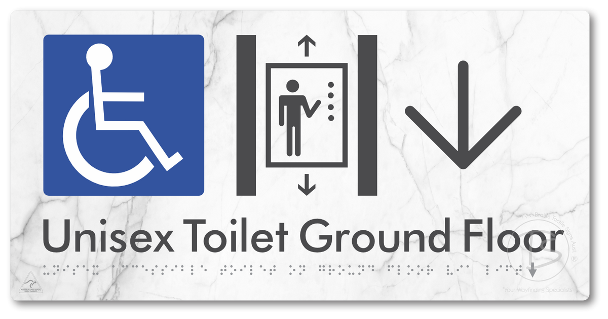 Unisex Accessible Toilet on Ground Floor Via Lift with Large Directional Arrow