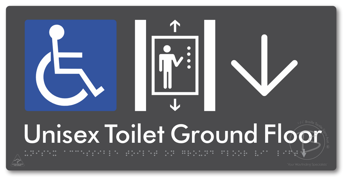 Unisex Accessible Toilet on Ground Floor Via Lift with Large Directional Arrow
